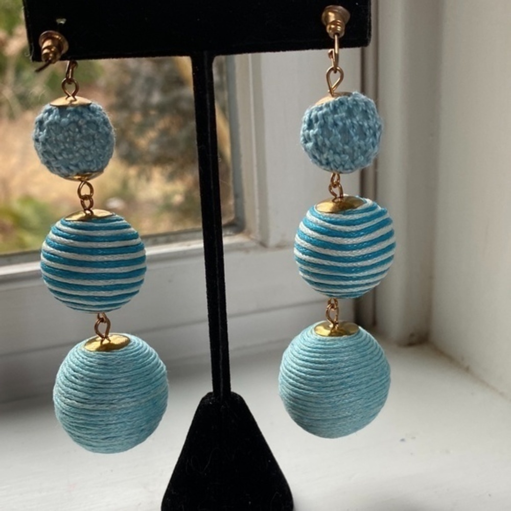 Anthropologie Blue Triple Pom  Ball Earrings